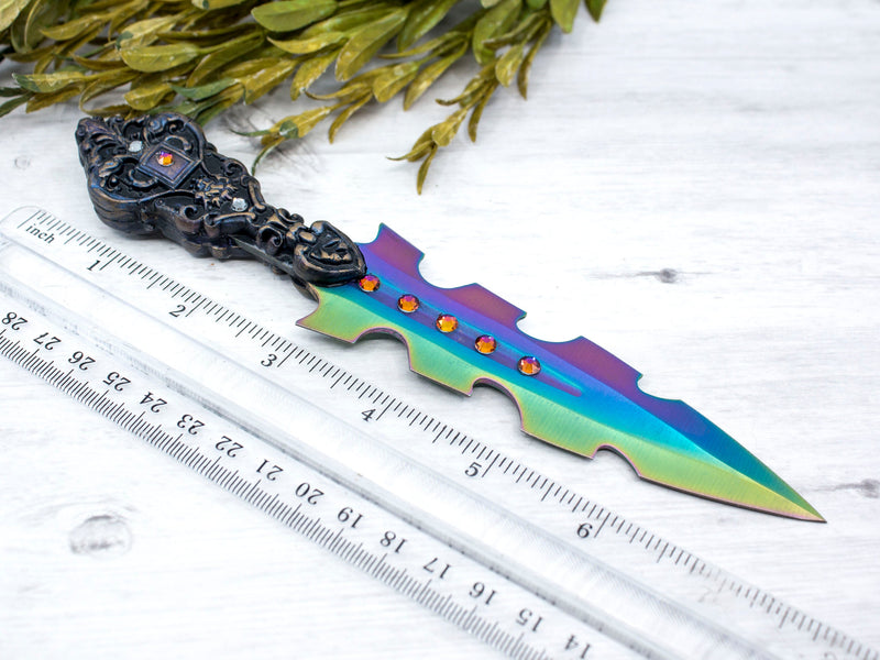 Wiccan Athame - Scrollwork Rainbow Blade Crystal Ritual Dagger