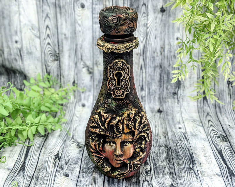Green Woman Greenman Apothecary Jar - Handcrafted Pagan Witchy Decor Bottle
