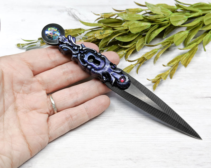 Wiccan Athame - Keyhole Black Blade Crystal Ritual Dagger