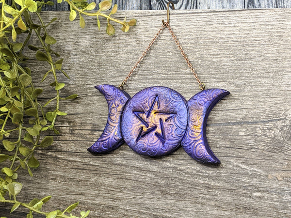 Triple Moon Pentacle Yule Christmas Tree Ornament - Witchy Decor