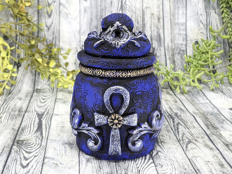 Ankh Blue Apothecary Jar - Handcrafted Pagan Witchy Decor Bottle