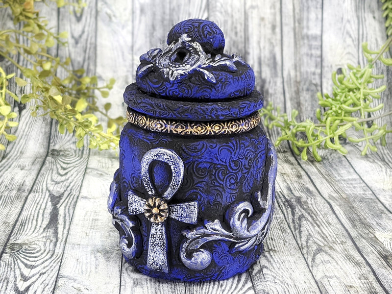 Ankh Blue Apothecary Jar - Handcrafted Pagan Witchy Decor Bottle