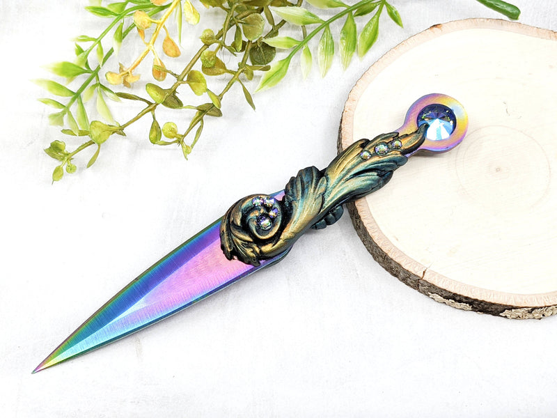 Wiccan Athame - Woodland Fern Rainbow Blade Crystal Ritual Dagger