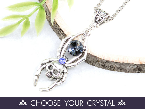 Spider Skull Halloween Crystal Necklace - Witchy Jewelry