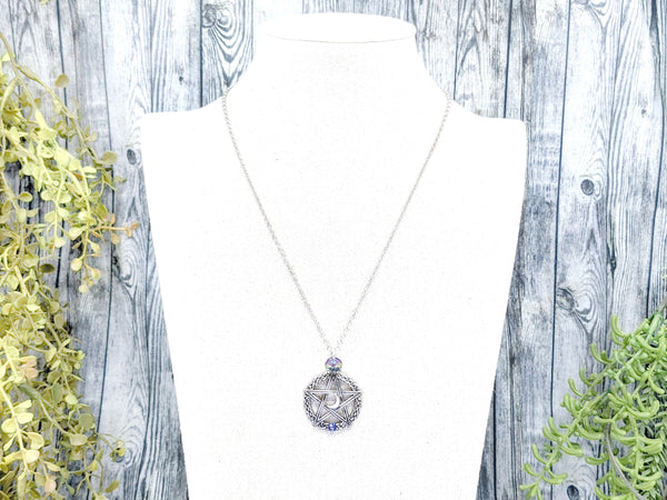 Pentacle Moon Pentagram Wiccan Crystal Necklace - Witchy Jewelry