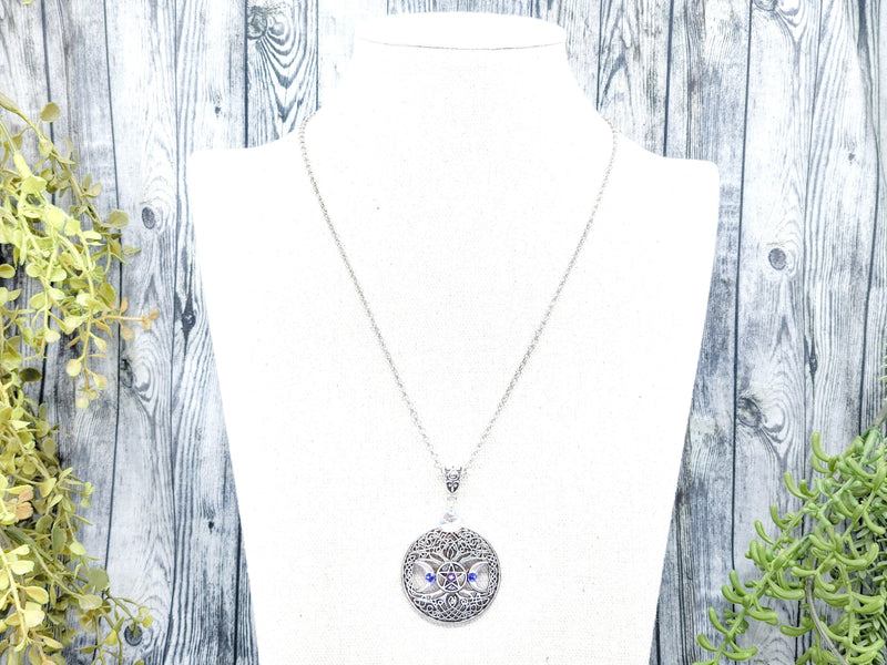 Triple Moon Pentacle Tree Of Life Crystal Pentagram Necklace - Witchy Jewelry