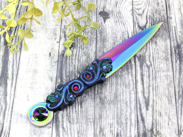 Wiccan Athame - Swirls Rainbow Blade Crystal Ritual Dagger