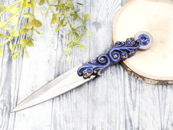 Wiccan Athame - Swirls Silver Blade Crystal Ritual Dagger