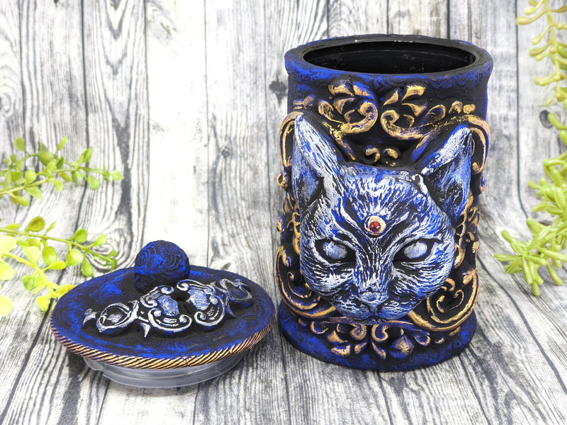 Cat Bast Blue Apothecary Jar - Handcrafted Pagan Witchy Decor Bottle