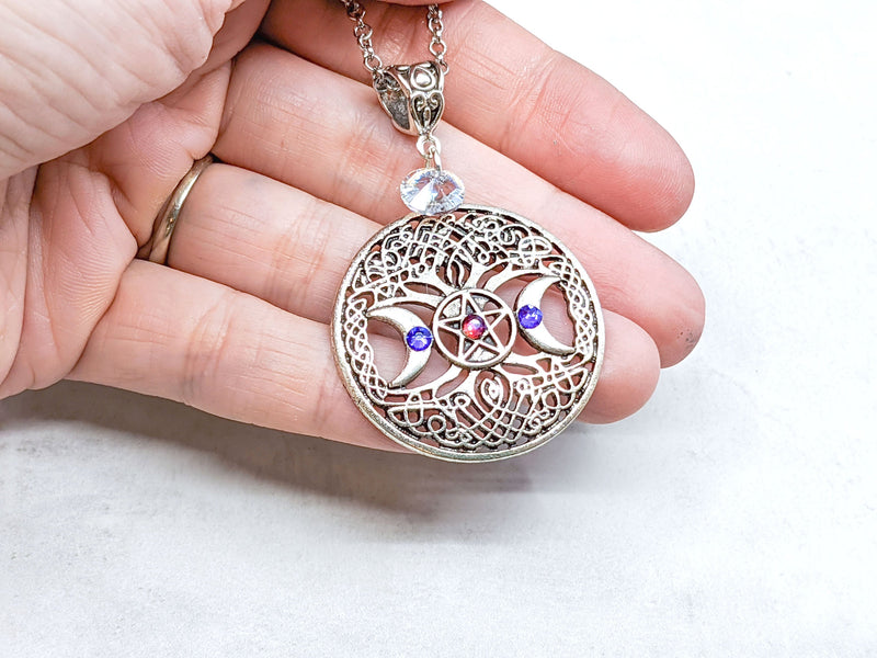Triple Moon Pentacle Tree Of Life Crystal Pentagram Necklace - Witchy Jewelry