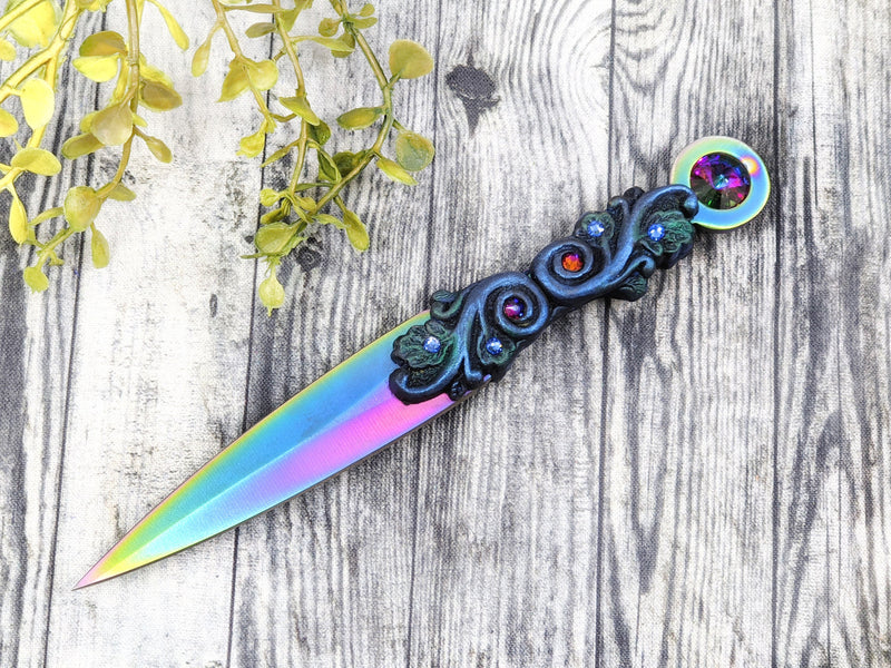 Wiccan Athame - Swirls Rainbow Blade Crystal Ritual Dagger