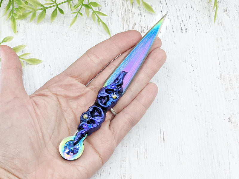 Wiccan Athame - Purple Leaves Rainbow Blade Crystal Ritual Dagger