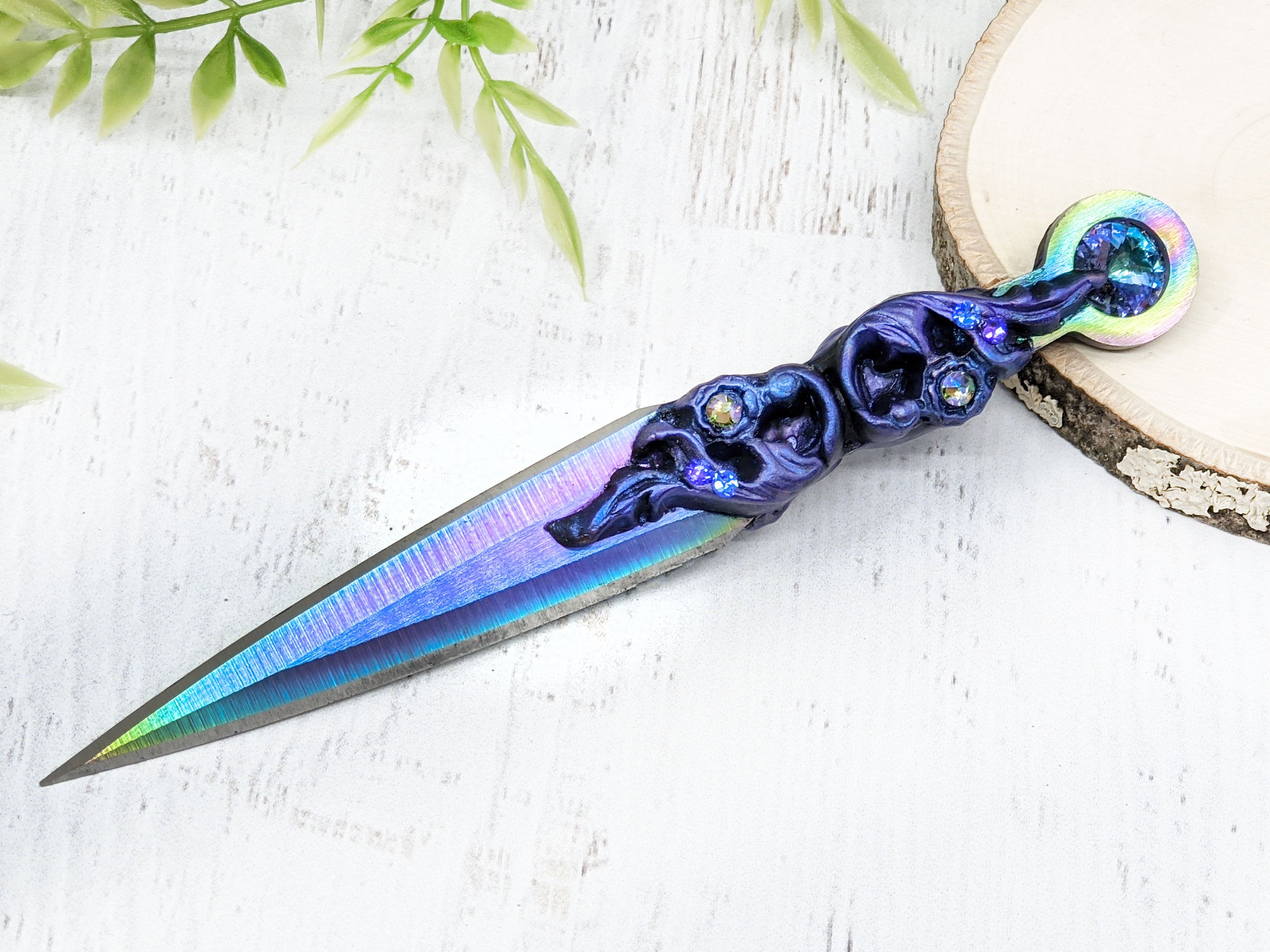 Wiccan Athame - Purple Leaves Rainbow Blade Crystal Ritual Dagger ...