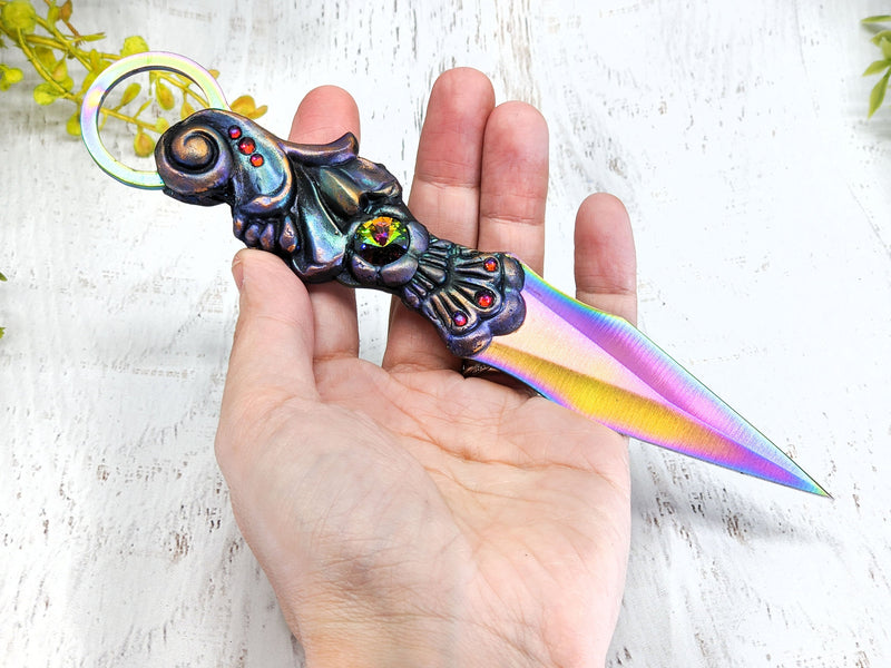 Wiccan Athame - Ornate Rainbow Blade Crystal Ritual Dagger