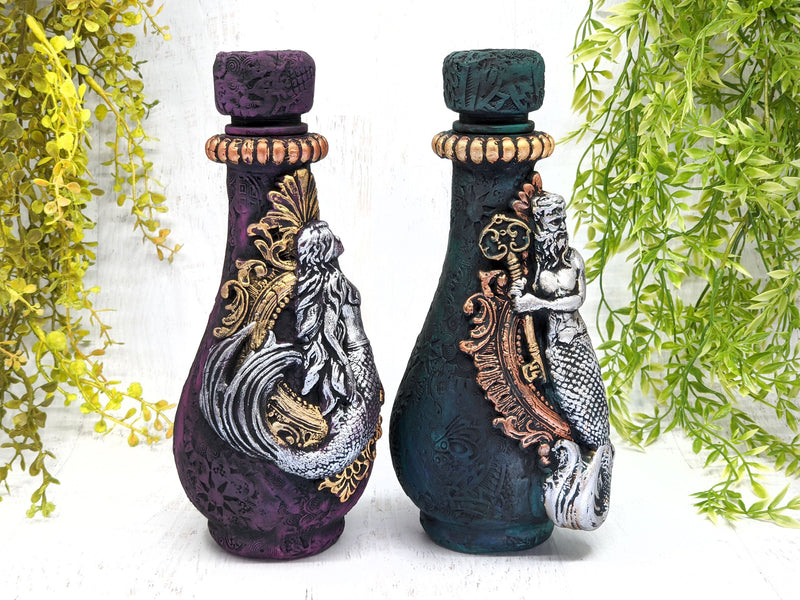 Mermaid & Merman Set of 2 Apothecary Jars - Handcrafted Pagan Witchy Decor Bottles
